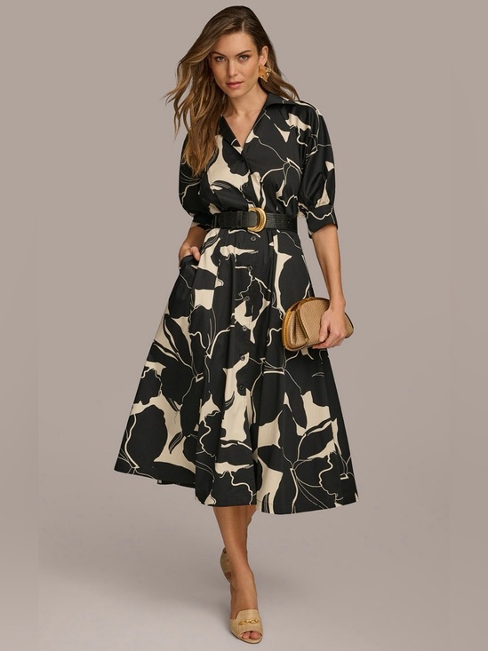 Donna Karan New York Dresses & Skirts - Donna Karan New York Black and Cream Floral Midi Shirt Dress with Belt